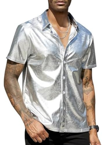 Chemise manches courtes pour hommes, chemises de soirée Disco Rock boutonnées métalliques brillantes, col revers scintillant T-shirt de smoking lisse et sans plis, hauts musculaires décontractés coupe
