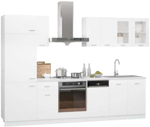 Fisinber 8-TLG. Küchenzeile Lyon Weiß 60 cm mit Kühlschrank-Schrank Hängeschränken Spülenunterschrank Geschirrspülerblende Modern Langlebig Platzsparend