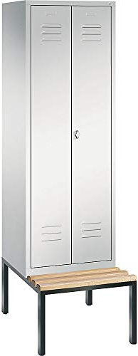 Spind S 2000 Classic auf Sitzbank mit 1 Doppelabteil, B610 H2090 T815 mm - Lichtgrau