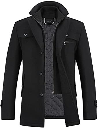 YOUTHUP Mens Winter Wool Coat Hip-Length Thick Trench Coats Padded Warm Peacoat Casual Outwear, Black, L