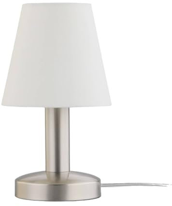 Lindby Tischlampe mit Touchfunktion, Tischleuchte Stoffschirm weiß Nachttischlampe Nickel satiniert 1x E14 max. 40W ohne Leuchtmittel Wohnzimmer Schlafzimmerlampe