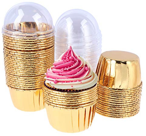 FADACAI 50 Pirottini usa e getta per cupcake, con foglio di alluminio, vassoi in alluminio con coperchio, 68 x 39 x 50 mm, per muffin e cupcake