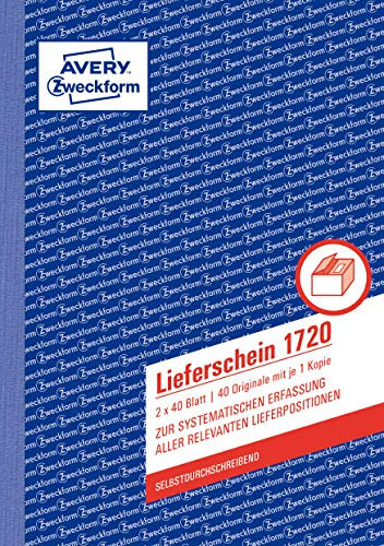 AVERY Zweckform 1720 Lieferschein (A5, 2x40 Blatt, selbstdurchschreibend mit farbigem Durchschlag, zur systematischen Erfassung aller relevanten Lieferpositionen) 20er Pack