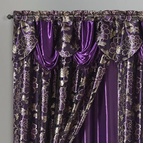 GOHD Royal ROSARIUM. Clipped Voile/Voile Farmhouse Jacquard Window Curtain Panel Drape with Attached Fancy Valance & Taffeta Backing.2pcs Set. Each pc 54 Wide x 84 Drop + 18 Valance. (Purple)