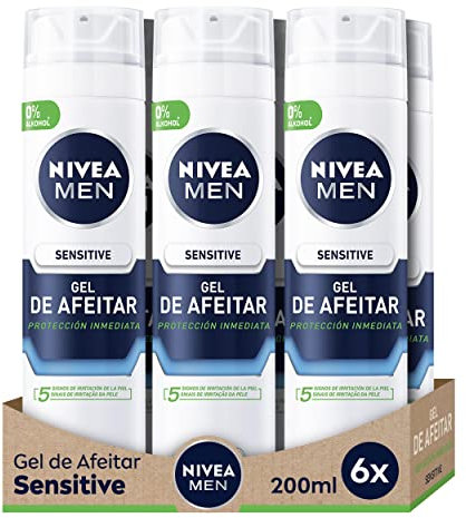 NIVEA MEN Sensitive Gel de Afeitar (6 x 200 ml), para piel sensible, gel facial con tecnología Ultra Glide para un afeitado libre de irritaciones