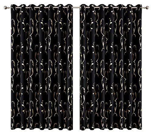 BUHUA 2er-Set Vorhang Blickdicht Verdunkelungsgardinen mit Ösen für Schlafzimmer Fenster Gardine mit Gold Weinstock Musterdruck,H 229 x B229 cm, Schwarz