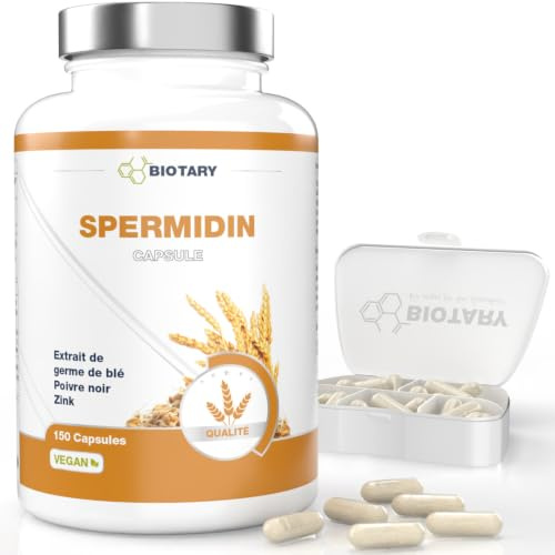 Spermidine 150 gélules 6 mg extrait de germe de blé concentré 100% végan | Dose journalière avec pilulier, 5 mois de réserve, formule pure, qualité contrôlée
