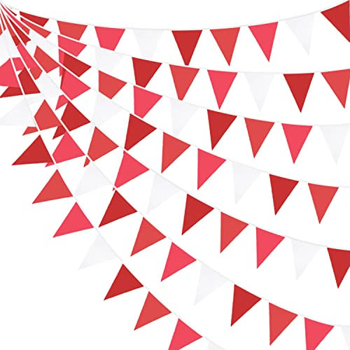 32Ft Red Fabric Bunting Banner Party Decorations Triangle Flag Pennant Garland for Wedding Birthday Baby Shower Engagement Carnival Picnic Outdoor Garden Hanging Festivals Decor Supplies