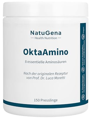 NatuGena OktaAmino – 8 essentielle Aminosäuren | 150 Presslinge | 30 Tage | MAP-Formel mit allen 8 essenziellen Aminosäuren – 1.000 mg pro Pressling, vegan, glutenfrei · ohne Zusatzstoffe · laktosefrei