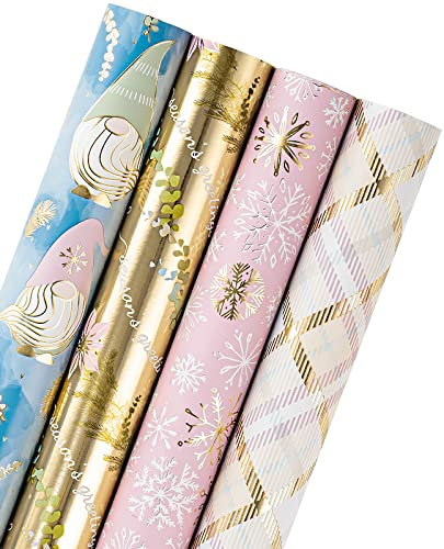 RUSPEPA Weihnachtsgeschenkpapierrolle – Gnome Elf Weihnachtskollektion In Gold Und Lila Mit Metallic-Folienglanz – 4 Rollen – 76 cm X 305 cm Pro Rolle