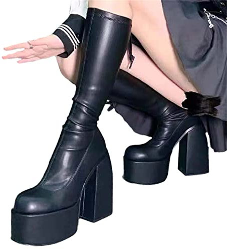 Stivali da Donna Eleganti e Comodi con Plateau e Tacco Alto Stivali in Pelle con Tacco Grosso Stivali Invernali Neri da Donna Scarpe da Festa Stivali con Tacco Alto sopra Il Ginocchio
