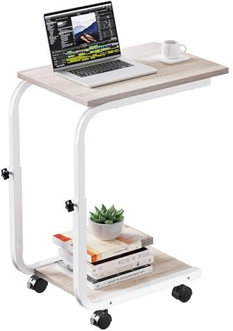 SIMPDIY Side Table Height Adjustable Coffee End/Bedside Table with 4 Wheels for Sofa Bedroom Living Room Office, Suitable for Small Spaces, Stable, Heavy Duty Iron, White Oak