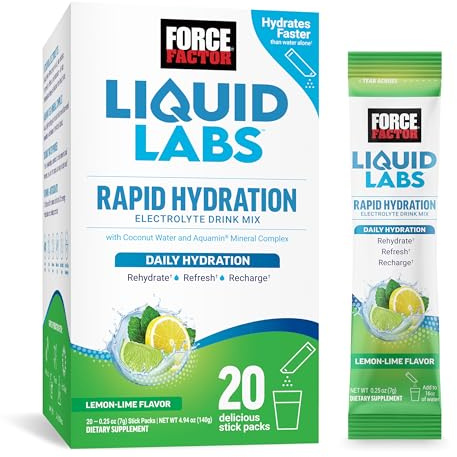 Force Factor Liquid Labs Electrolytes Powder Packets—Lemon Lime—Hydration Packets to Make Electrolyte Water with 5 Essential Electrolytes, Vitamins, Minerals, and Antioxidants, 20 Stick Packs