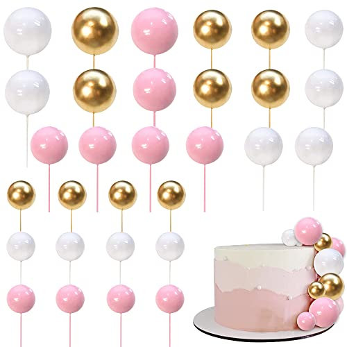 Xsstarmi 30 PCS Balls Cake Topper Foam Ball Cake Picks Mini Balloon Cupcake Insert Bubble Balls Decoration for Baby Shower Wedding Anniversary Birthday Party Cake Decorations Gold Pink White