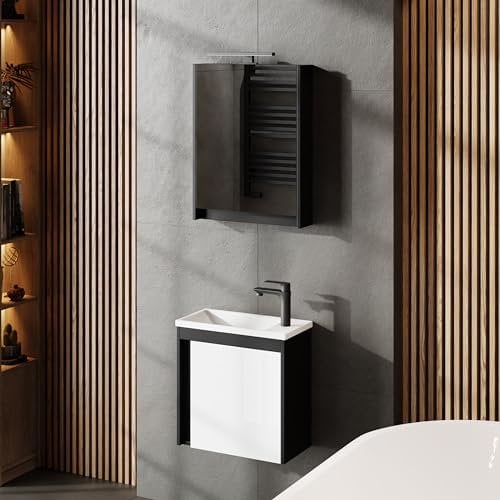 Planetmöbel Badmöbel Set 3-teilig Waschbecken mit Unterschrank 50 x 48,3 x 24,8 cm schwarz matt/weiß Hochglanz, Spiegelschrank 50 x 65 x 11,4 cm mit LED Aufbauleuchte