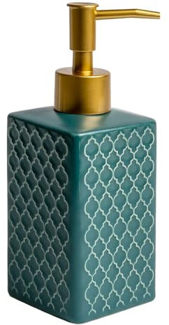 Intirilife Seifenspender aus Keramik in Grün mit Orientalischem Muster - 290ml Füllmenge - Spender für Seife Dosierer Handseifenspender für Küche Bad