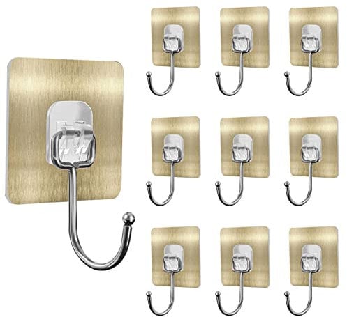 NHBETYS 10 pcs Self Adhesive Hooks, Removable Large Size Wall Hooks, Waterproof Bathroom Kitchen Sticky Hooks for Hanging Towel Coat Key Kitchen Utensils (Gold)