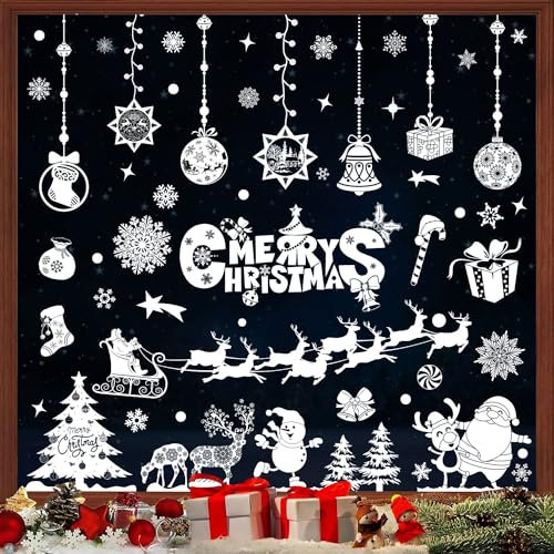 Fensterbilder Weihnachten Kinder, 8Blatt Weiß Fensterdeko Weihnachten Selbstklebend, PVC Schneeflocken Fensterdeko, Fenstersticker Weihnachten für Winter Häuser Fenster Weihnachten Deko