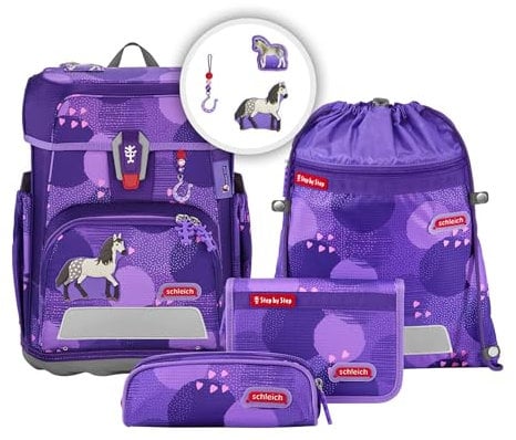Step by Step Schulranzen-Set Cloud Schleich, Horse Club®, Andalusier, 5-teilig, lila, Pferd, ergonomischer Tornister mit Reflektoren, höhenverstellbar mit Hüftgurt, ab der 1. bis 4. Klasse, 19l