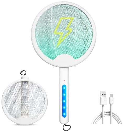OZAVO Elektrische Fliegenklatsche 3000V 3 in 1 USB wiederaufladbare UV-hängende Insektenvernichter, Faltbar Elektrische Fliegenfänger für Mücken, Fliegen, Motten - Weiss