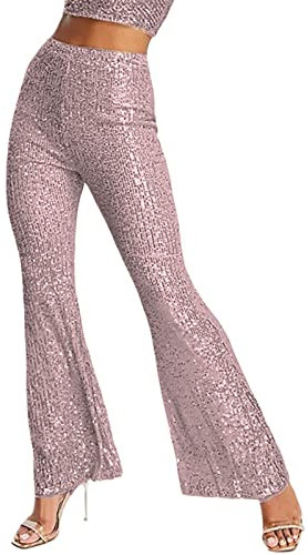 Aunaeyw Frauen Pailletten Breites Bein Hosen Hohe Taille Sparkle Glitter Hosen Glitzer Elastische Lose Flare Bell Bottom Glänzende Hose, rosa 1, L