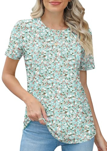 Rapbin Crew Neck Shirts for Women Short Sleeve Cute Pleated Summer Blouses Fashion Ladies Tops,Green Floral,S