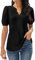 GRECERELLE Ladies Shirts V Neck Pleated Blouses Ruffle Short Sleeve T Shirts for Women UK Elegant Summer T-Shirts Blouses for Women UK (Black, L)