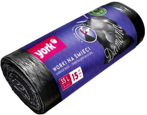 York Müllbeutel - Müllsäcke mit Zugband - 100% Recycling - Mülltüten 35 l / 15 Stück - Schwarz Diamond