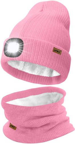 ATNKE LED Mütze mit Licht und Schal Set, Wiederaufladbare USB 4 LED Beleuchtete Laufmütze Winter Warme Gefütterte Fleece Halsschlauch und Stricken Mütze für Herren und Damen Geschenke/Pink
