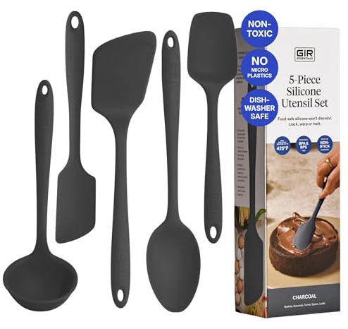 GIR 5-Piece Silicone Kitchen Utensils Set, Non-Toxic Cooking Utensils for Cooking and Baking, Heat Resistant, Food Grade, Dishwasher Safe Rubber Spatula, Ladle, Spoon - Charcoal