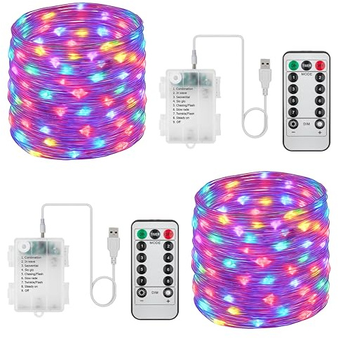 2 Pack Dual Power Fairy Lights – Battery & USB Operated, 10M 100 LED Waterproof String Lights with Remote, 8 Modes Dimmable for Indoor/Outdoor, Garden, Patio, Bedroom, Christmas (Multicolor)