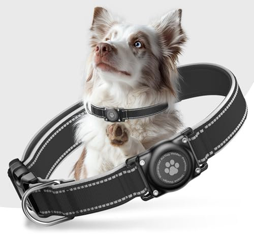 AirTag Hundehalsband, Weich Gepolstertes Neopren Nylon Hunde Halsband, IP68 wasserdichte Integriertes Apple Air Tag Halter, Verstellbare und Reflektierend für Mittlere Große Hunde