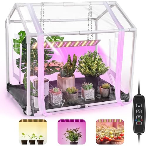Meonum Mini Greenhouse with Grow Light for Indoor, Tabletop Small Greenhouse Kit with Bottom Mat for Waterproof, 15W Plant Dimmable LED Grow Lights and Timer, 3 Light Color Mode for Seed Starter Tray
