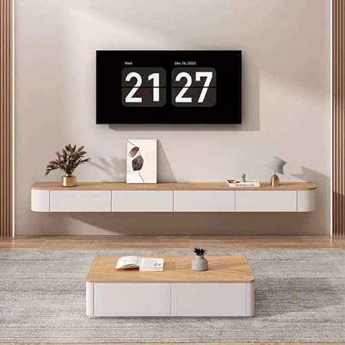 Floating TV Stand In Solid Wood, Wall Mounted TV Cabinet Floating Shelves Modern Entertainment Media Console Center Large Storage TV Bench with Door(Wood+White,160cm)