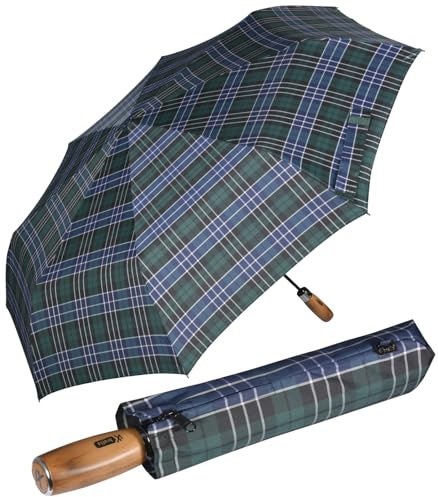 iX-brella - Herrenschirm XXL 121 cm mit echtem Holz-Stabgriff und Auf-Zu-Automatik - check blue-green