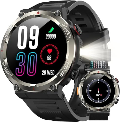 Military Smart Watch for Men Answer/Make Call,1.45 Outdoor Sports Watch with 100 Days Battery/Flashlight/Compass/120+ Sports/SpO2 Heart Rate Sleep Monitor,IP68 Waterproof Smartwatch for iOS Android