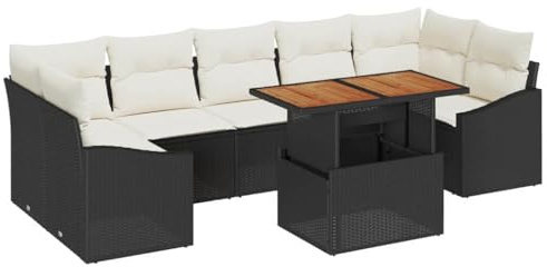 vidaXL Garten-Sofa-Set mit Kissen mit Speicher 8 pcs Schwarz und Beige, Garten und Terrasse, modernes Outdoor-Set, rechteckiges Sofa, wetterfestes Lounge, Flexible Sitzmöbel