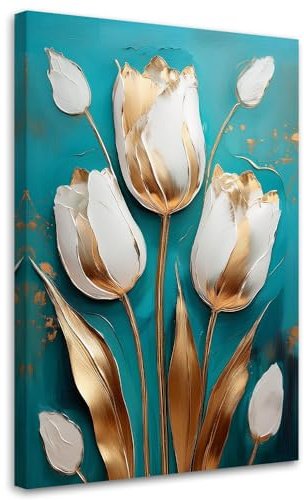 Feeby Leinwand Bilder - Bild Wohnzimmer - Tulpen Glamour Türkis - 60x90 1tlg - Deko Schlafzimmer Groß - Dekoration Canvas - Gemälde - Modern Wandbilder - Kunstdruck