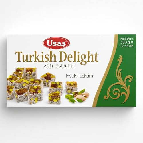 Premium Turkish Delight mit echten Pistazien 8% (Pistazien Lokum) 350g – Echte Türkische Süssigkeiten ohne Palmöl & Glukosesirup – Traditionelle Süßigkeit als Geschenk