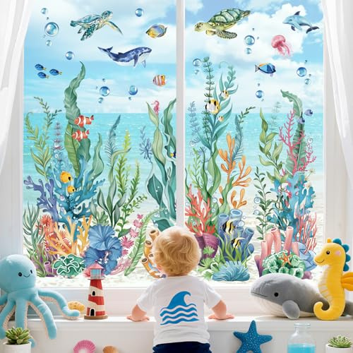wondever Fensterbilder Unterwasserwelt Seegras Seetang Fenstersticker | Wiederverwendbar, Doppelseitig Statisch PVC Fensterdeko, Fenster Vogelschutz, Sommer Deko für Glas Tür Wohnzimmer Küche