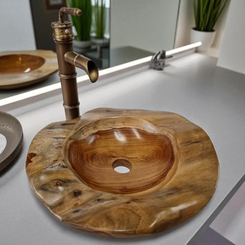 Kinaree Lavabo rond en bois de teck unique - Bol en bois de racine fait à la main de 40 cm de diamètre - Pour salle de bain - Vasque à poser en bois massif naturel - Vasque design en Indonésie