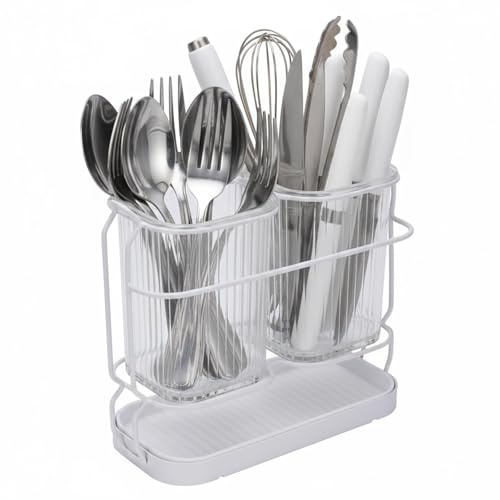 Punorric Kitchen Utensils Holder, 2 Compartments Clear Cutlery Drainer for Sink, Quick Drying Plastic Utensil Drainer with Drain Tray, Wall Mount Cutlery Holder for Silverware, Forks