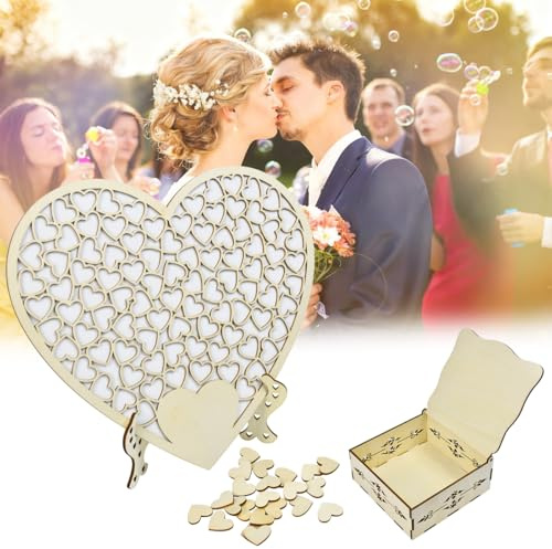 Zuxbolf Hochzeit Gästebuch Holz Hochzeitsgästebuch mit Herzrahmen & 60 Holzherzen Personalisierbares 3D Gästebuch Alternative für Hochzeit Jubiläum Inkl. Aufbewahrungsbox Ständer & Stifte