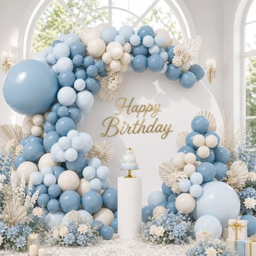 SUWEN Staubiges Blaues Luftballons Bogen Set 153Stück 18 10 5 Zoll Hellblau Sandweiß Ballons Geburtstagsdeko Baby Shower Geschlechtsenthüllung