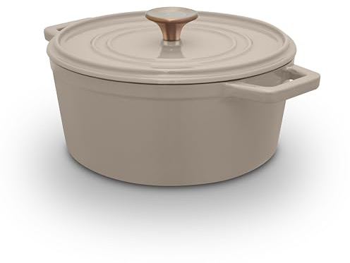 Barbary & Oak Nattura 24cm/3.6L Round Cast Iron Casserole/Dutch Oven/Cooking Pot with Durable Enamel Interior, Self-Basting Lid, Induction Compatible, Cashmere, BO800321CSH