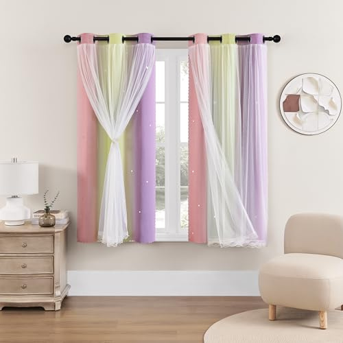 XiDi Lichtdurchlässig Verdunkelungsgardinen Thermo Sternendesign | Pastell-Farbverlauf 160cm für Mädchenzimmer mit Schleier & Sternenperforation Pin/Ye/Pur/132/160/2