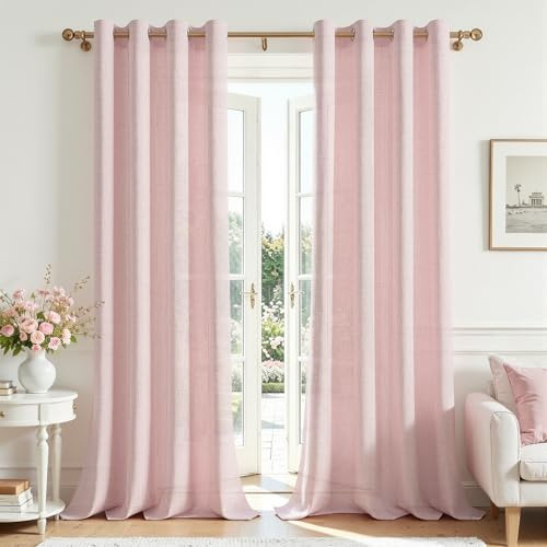 MRTREES Leinen Gardinen Vorhänge mit Ösen Landhausstil für Wohnzimmer Modern Kinderzimmer Schlafzimmer, Vorhang Leinenoptik Rosa Halbtransparent Ösenvorhang 2er Set H 260 x B 140 cm