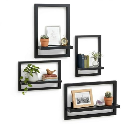 OFFASST Wandregal | 4er Set Schwarzes Schweberegal aus Holz für Bücher & Deko | Wandmontiertes Regal für Wohnzimmer, Schlafzimmer, Bad | Regal Wand Schwarz, Stilvolles Regalbrett