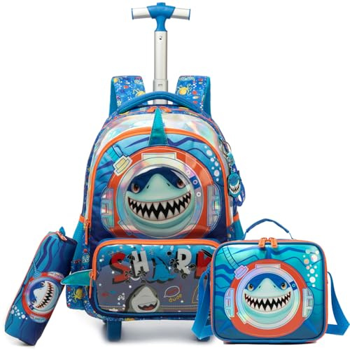 Egchescebo Kinder Rucksack mit Rollen für Jungen die Schule Mehrere Fächer Hai Koffer Schultrolley Komplett mit Lunchbag Federmäppchen Sätze Geeignet Grundschüler Jugendliche 4-10 Jahre Alt Blau
