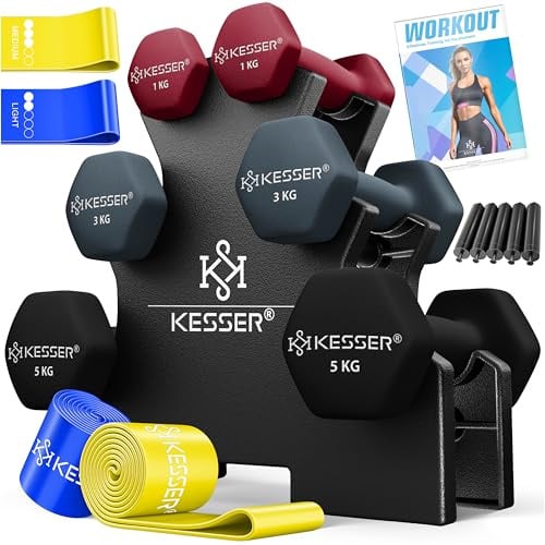 KESSER® Hantel-Set, 3 Paar, 1kg - 5kg, 12kg oder 18kg kurzhanteln mit Ständer Aufbewahrung, Fitnessstudio, Krafttraining, Hantelset rutschfeste Neopren,